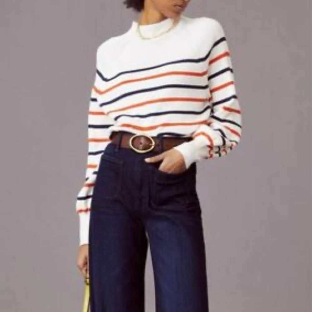 Maeve White Sweater with Navy and Orange Stripes